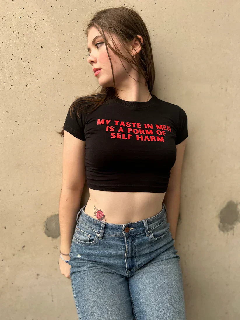 Edgy Black Baby Tee Crop Top – Bold Statement Graphic for Women