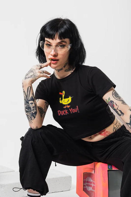 Duck You Baby Tee – Black | Edgy Y2K Graphic Crop Top for Women