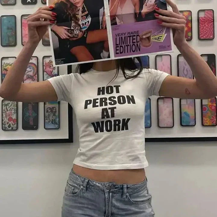 Hot Person At Work Vintage Y2K Baby Tee | Crop Top